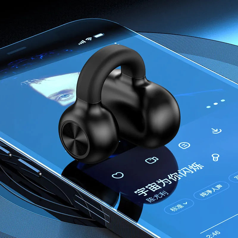 Black wireless Bluetooth clip-on bone conduction earphones showing clip mechanism and compact design