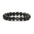 Stainless steel bracelet with 10mm volcanic agate beads and 19mm geometric clasp on a wrist