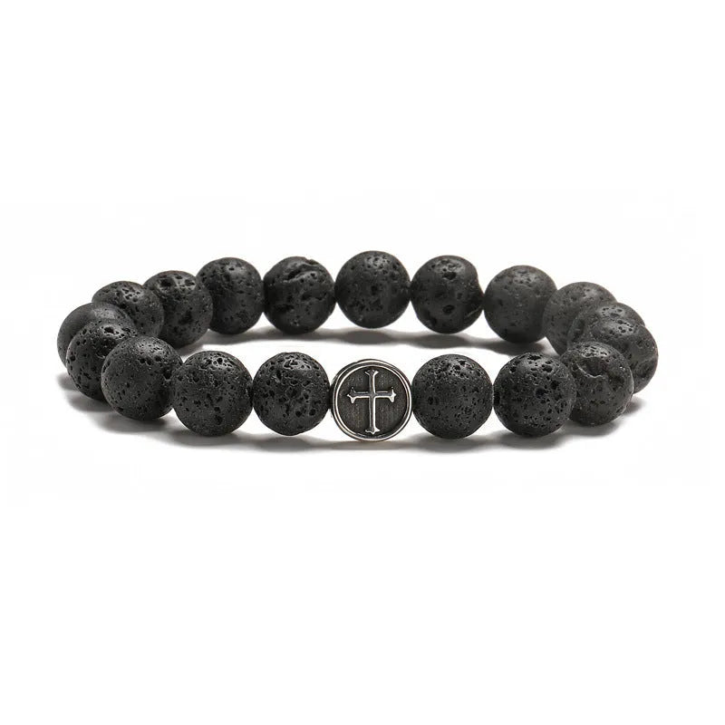 Stainless steel bracelet with 10mm volcanic agate beads and 19mm geometric clasp on a wrist