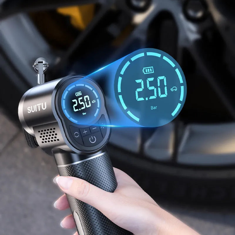 ST-5518 portable wireless air pump with nozzle accessories on black background