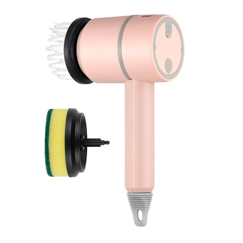 USB rechargeable electric cleaning brush with multiple brush heads on a kitchen worktop
