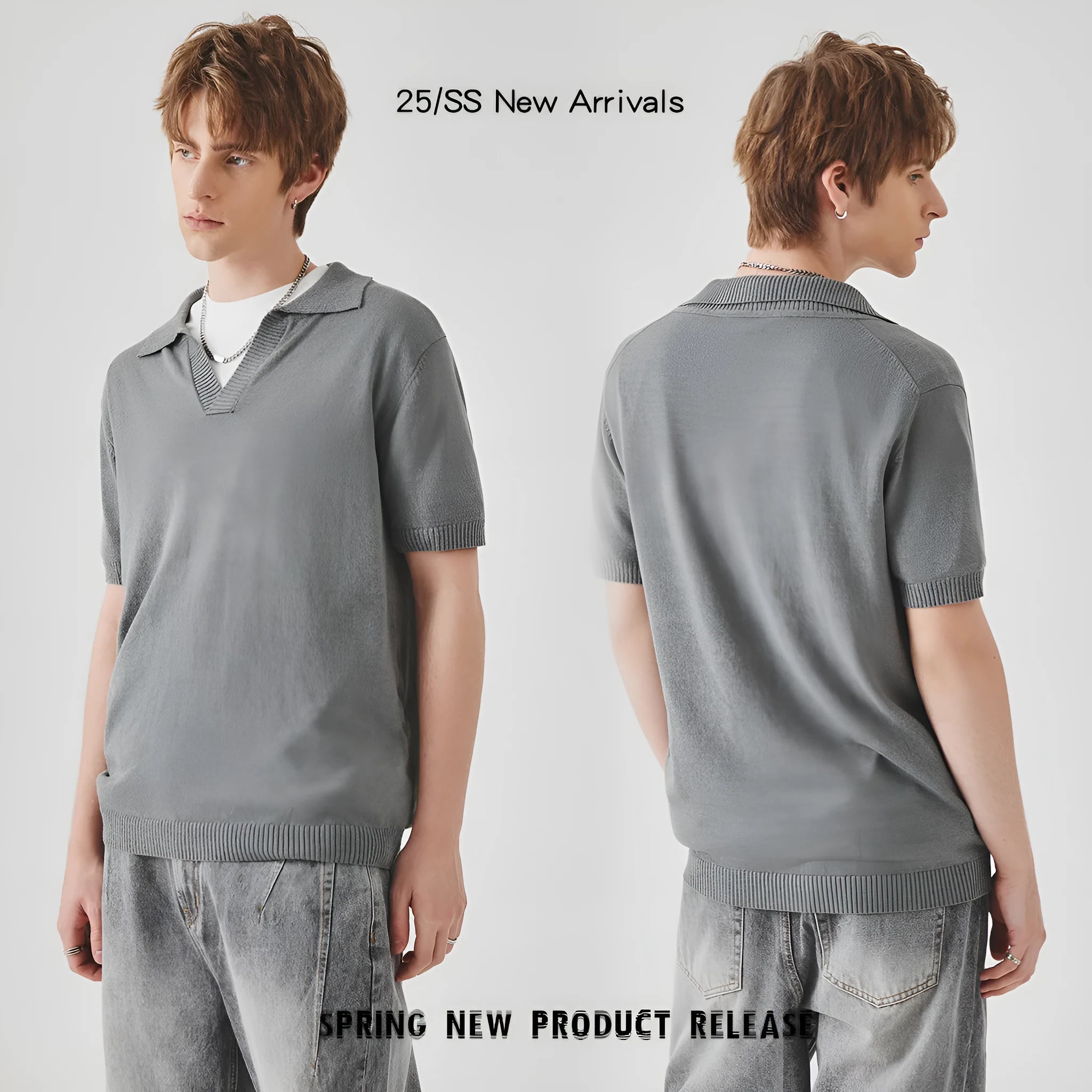 Men's solid colour knitted polo T-shirt in acrylic fabric for summer, shown on a hanger.