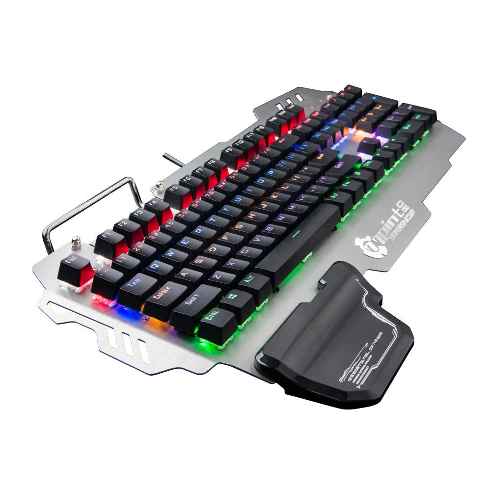 Silver metal gaming keyboard with green axis mechanical switches and integrated wrist splint