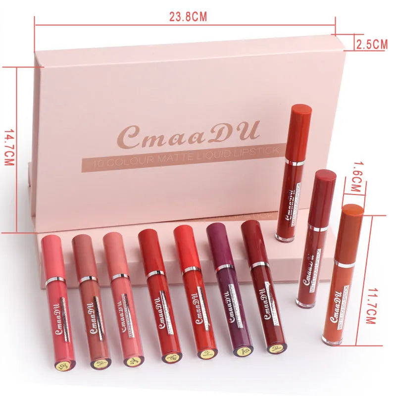 Ten matte lipsticks in packaging with waterproof non-transfer formula