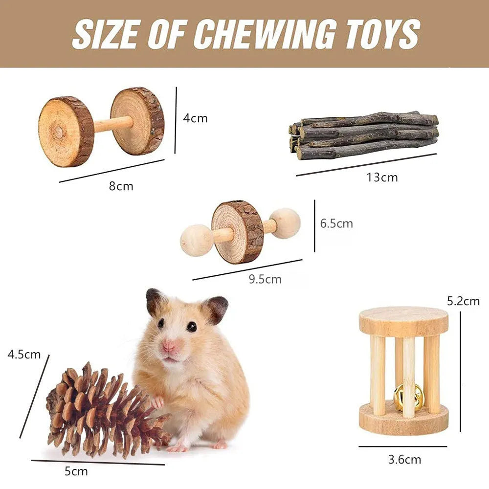 Natural wood toy collection for small animals including straw mats, woven balls and chewable shapes