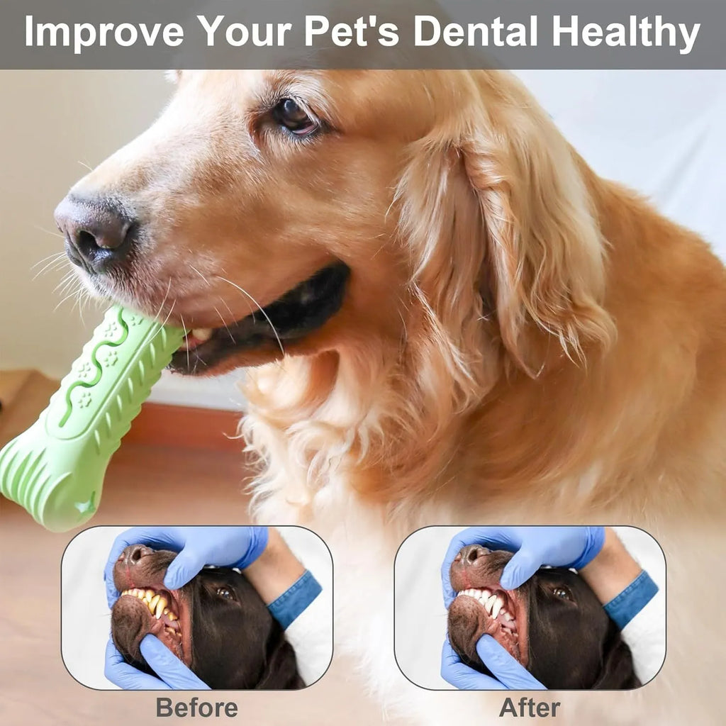 Blue bone-shaped dog chew toy made from natural rubber, showing uneven surface for teeth cleaning.