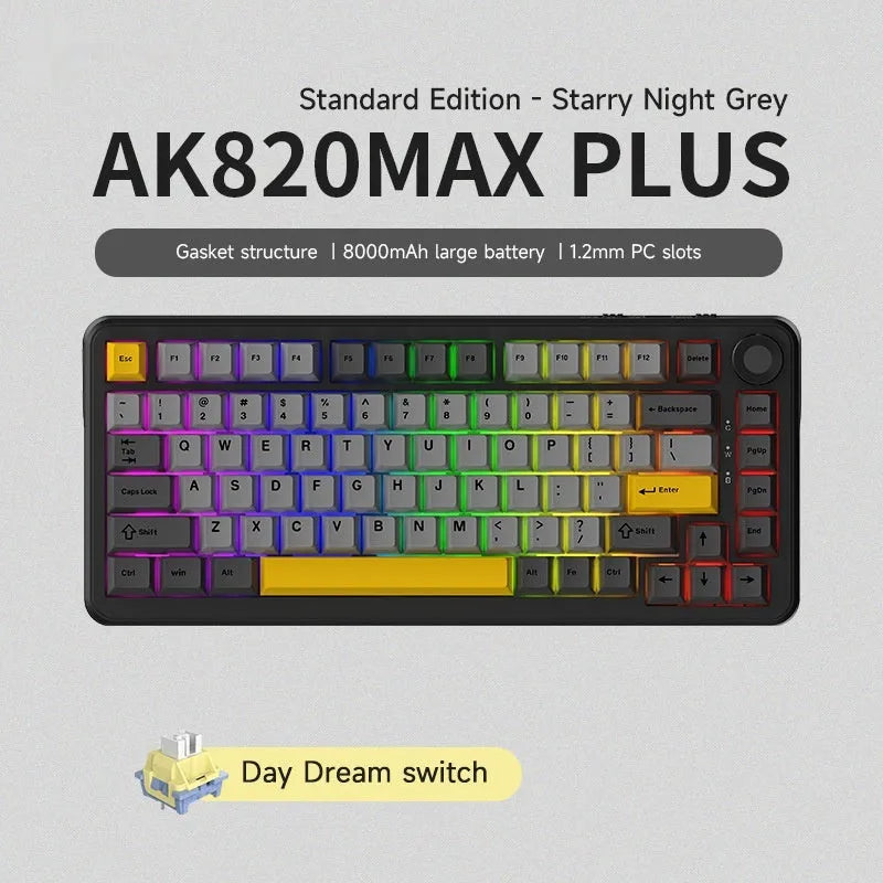 Three-mode mechanical keyboard with hot plug switches in black, grey and yellow colour options
