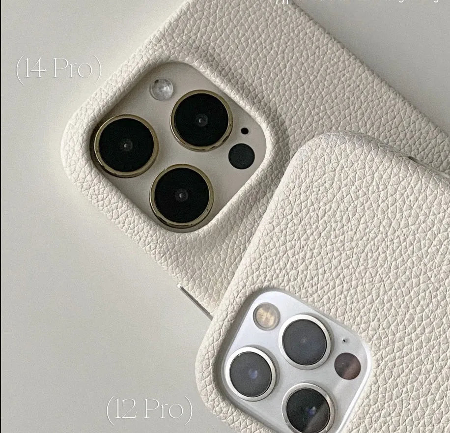 Genuine litchi leather iPhone case in beige or red, shockproof anti-fall back cover for iPhone 12 to 15 Pro Max