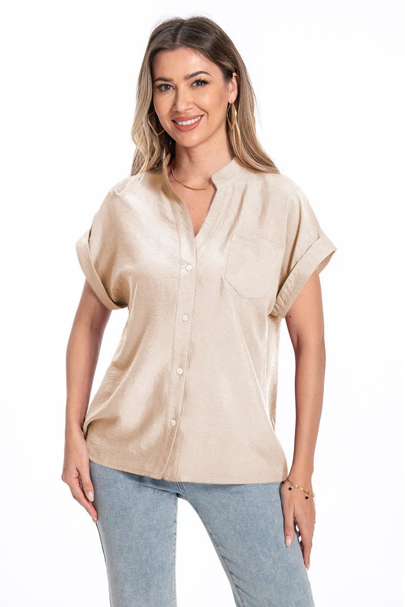 Women's stand collar button summer top in polyester fabric with loose fit