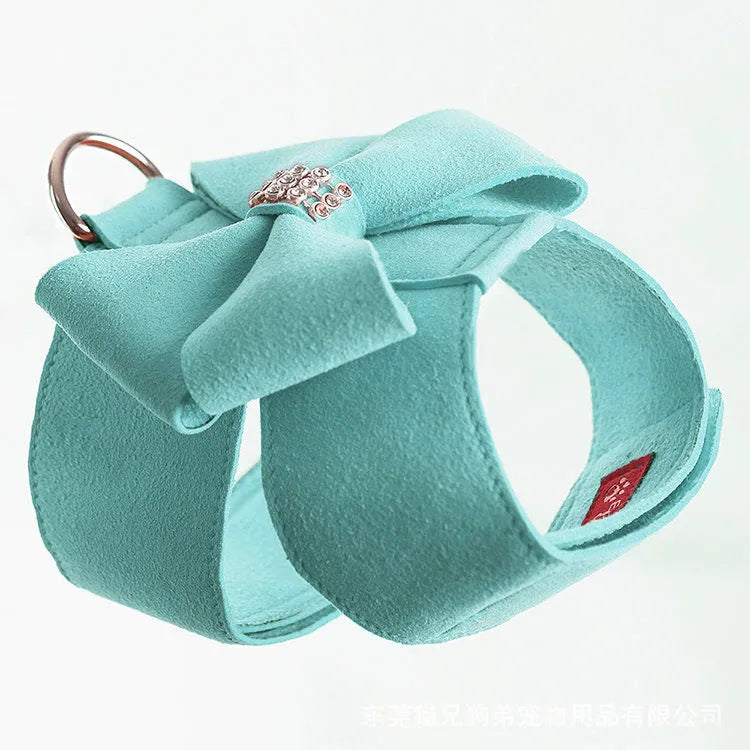 Pink bowknot puppy chest strap made of microfiber, adjustable for small dogs