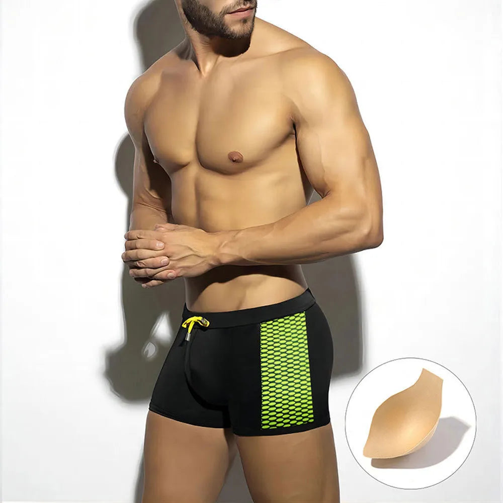 Men's polka dot print swimming boxers in black, dark blue, and yellow, with quick-dry nylon fabric