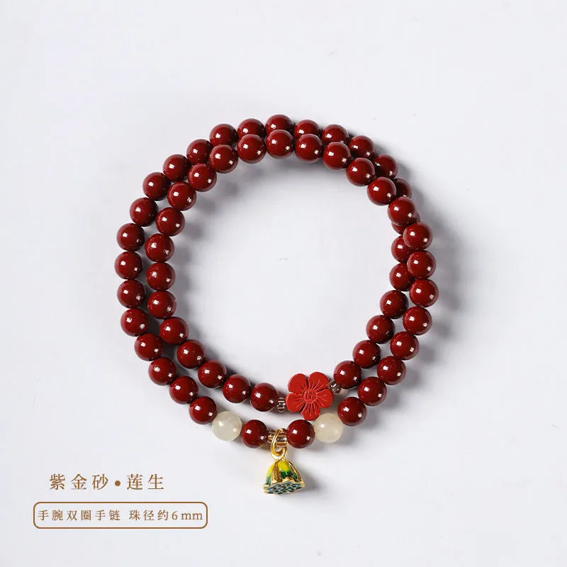 Hand-woven purple gold sand double circle bracelet with a 6mm lotus seedpod bead.