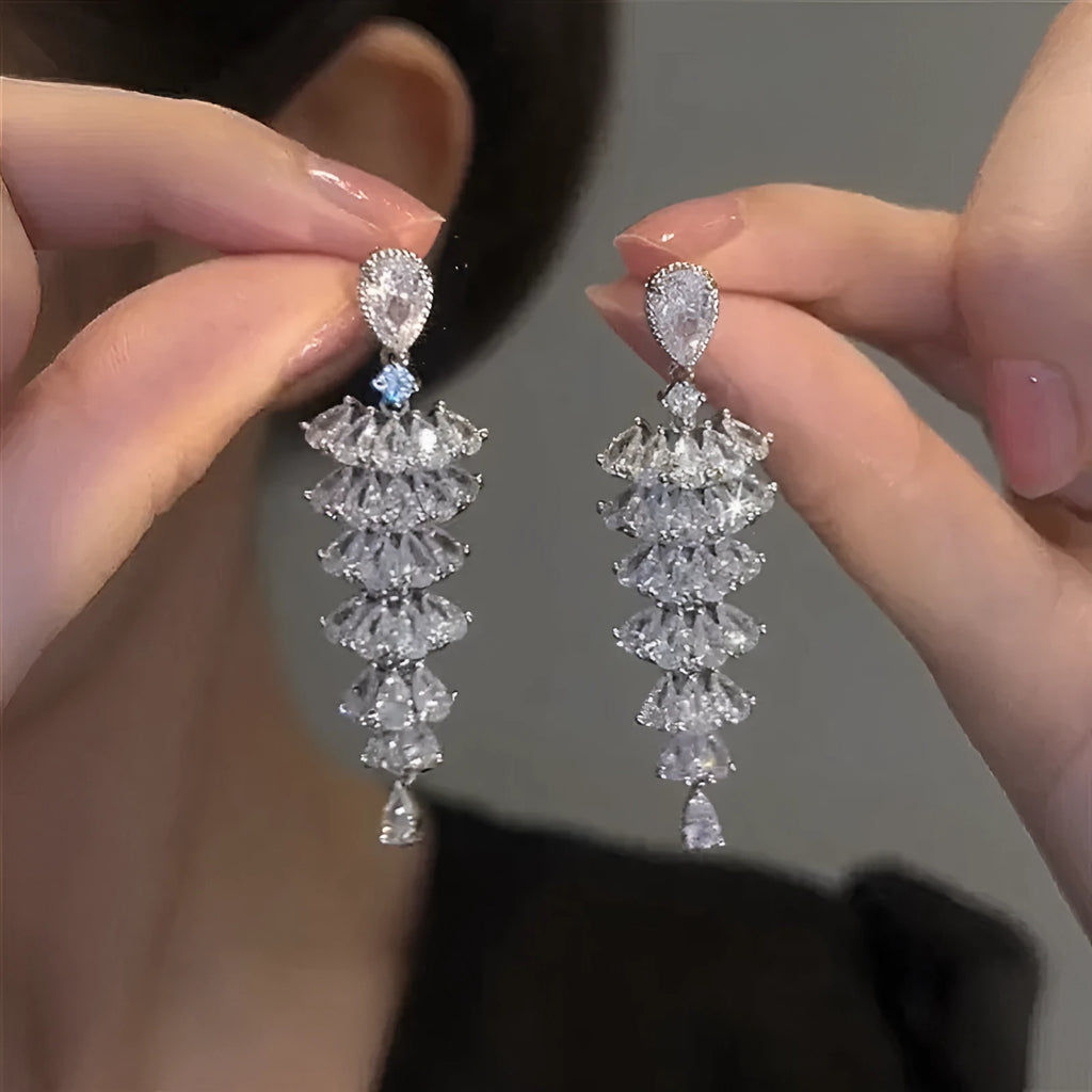 Silver pagoda Christmas tree drop earrings with pagoda shape and stud fastening for women