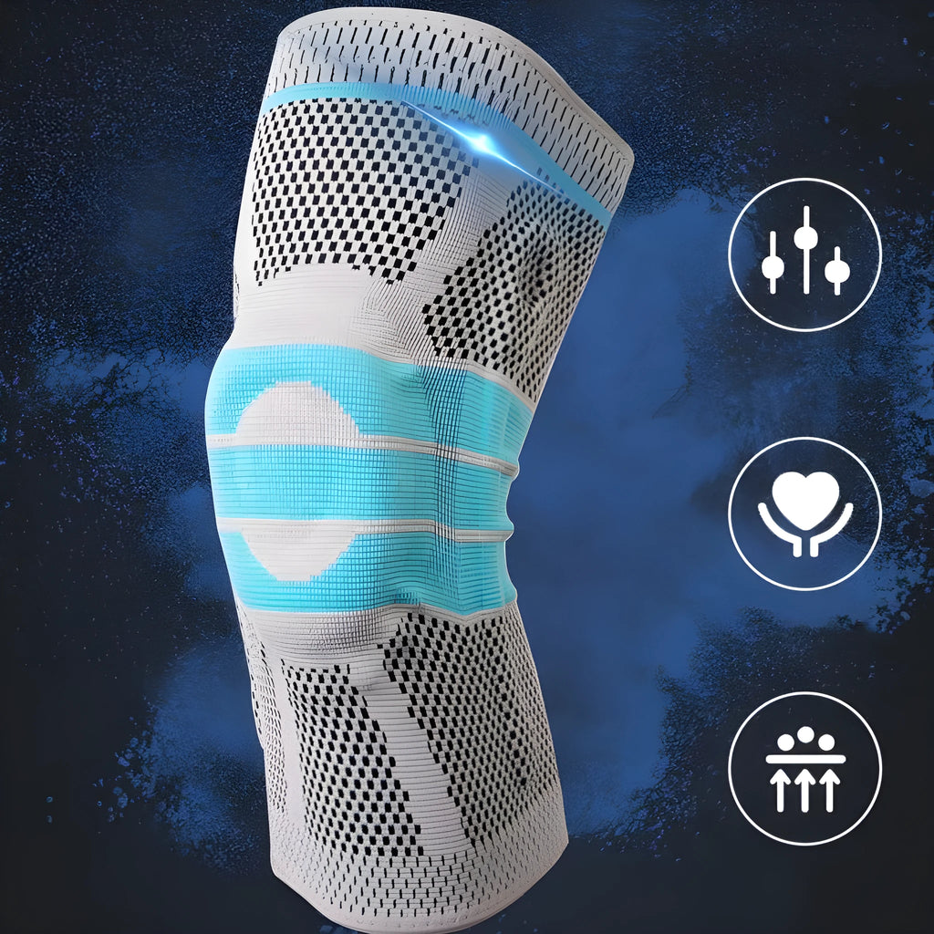 Sky blue silicone grip knee pads for sports, shown in sizes S, M, L, and XL.