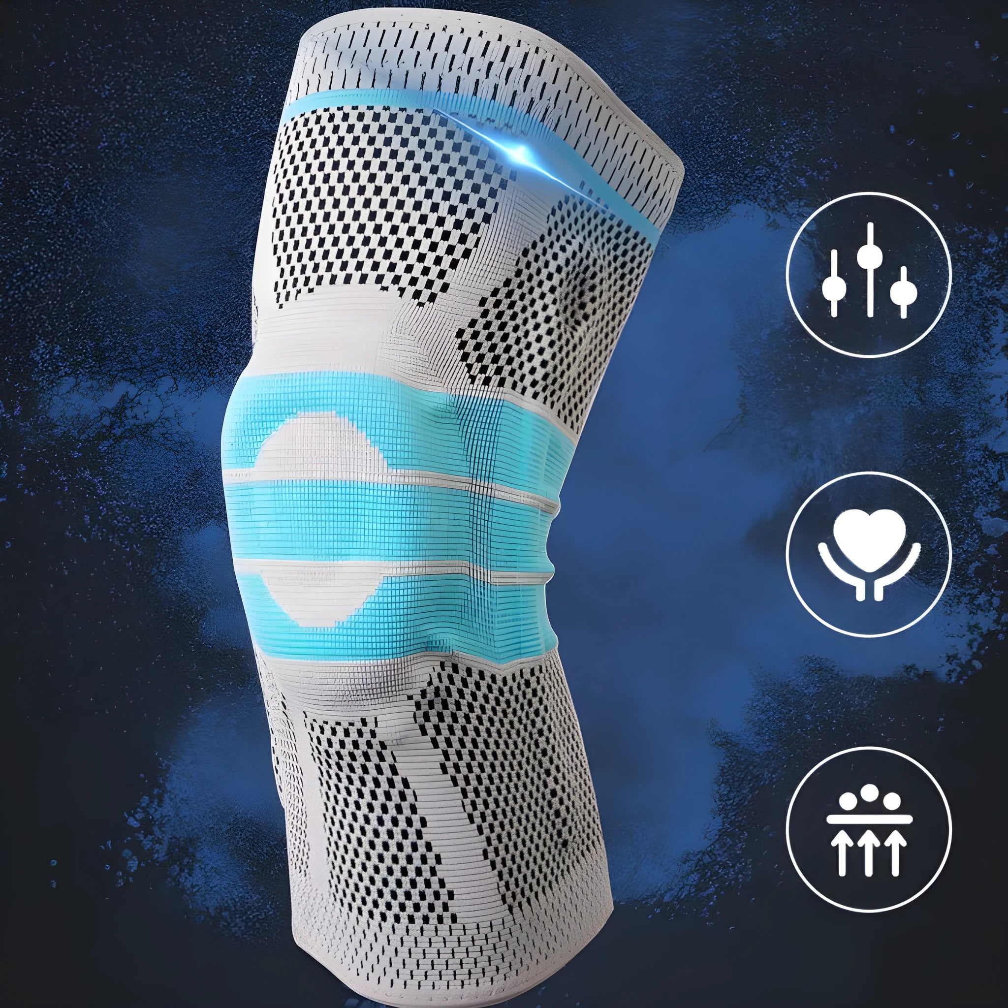 Sky blue silicone grip knee pads for sports, shown in sizes S, M, L, and XL.