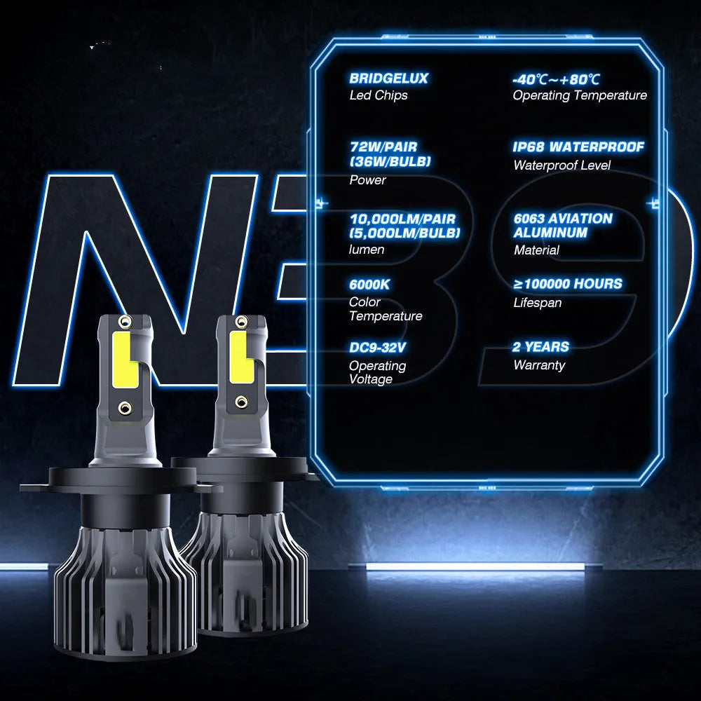 Car LED headlight bulbs 6000K with adjustable chuck, 72W power, 10,000 lumens output, IP68 waterproof rating