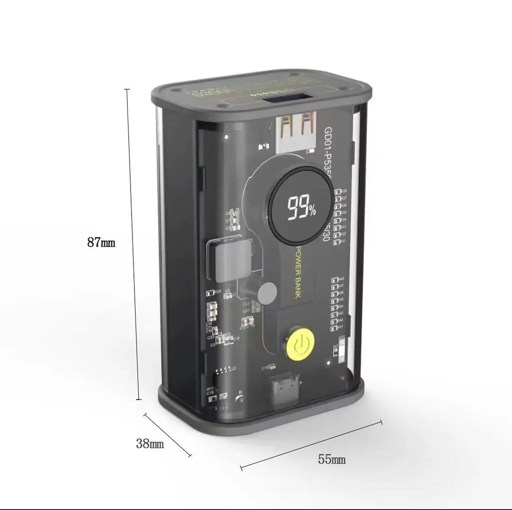 Transparent industrial design power bank showing internal aluminium casing and battery cells