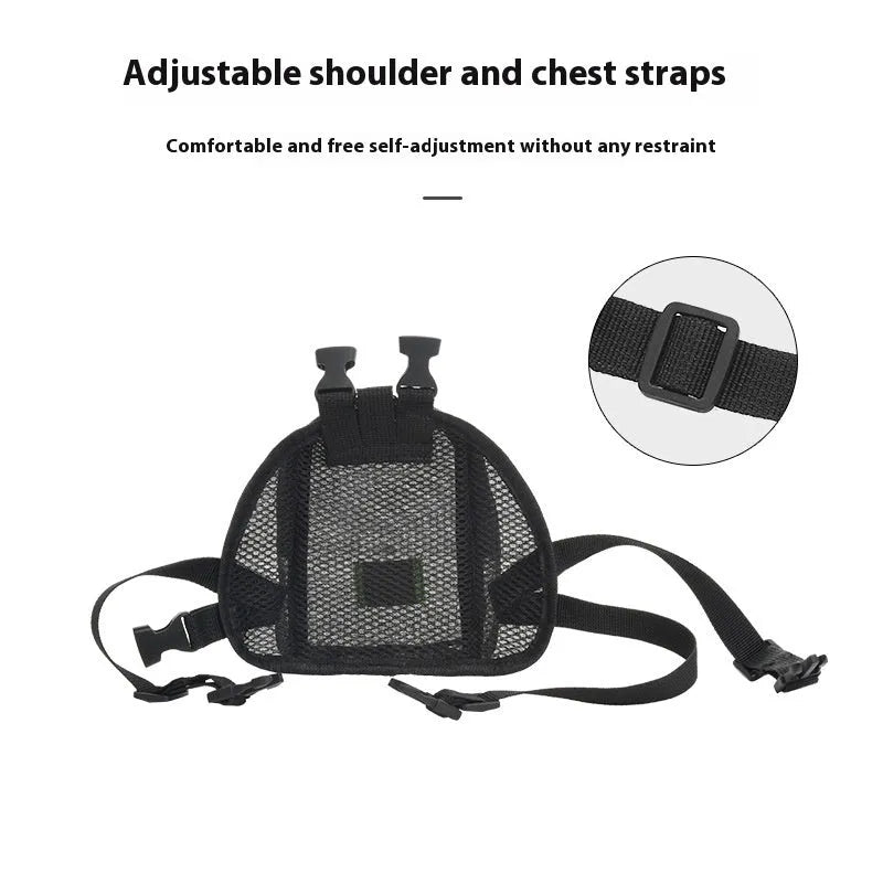 Solid colour breathable polyester dog backpack with a zipped main compartment and lead attachment strap.