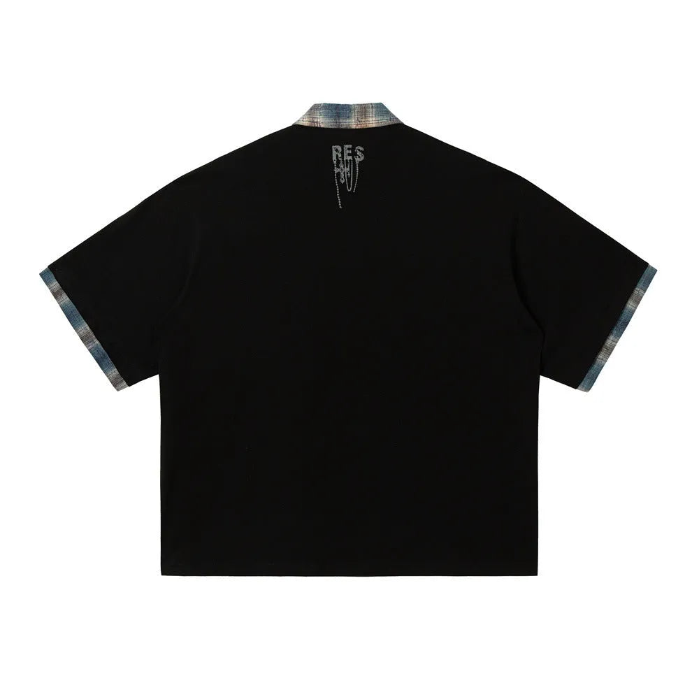 Men's loose short-sleeved top with asymmetric lapel and graffiti printing in 100% cotton fabric