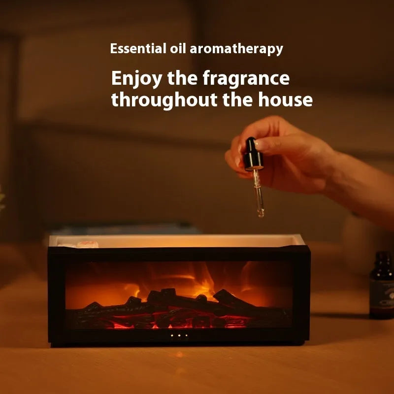 Square flame aromatherapy machine with LED lights creating 3D flame effect and essential oil diffusion
