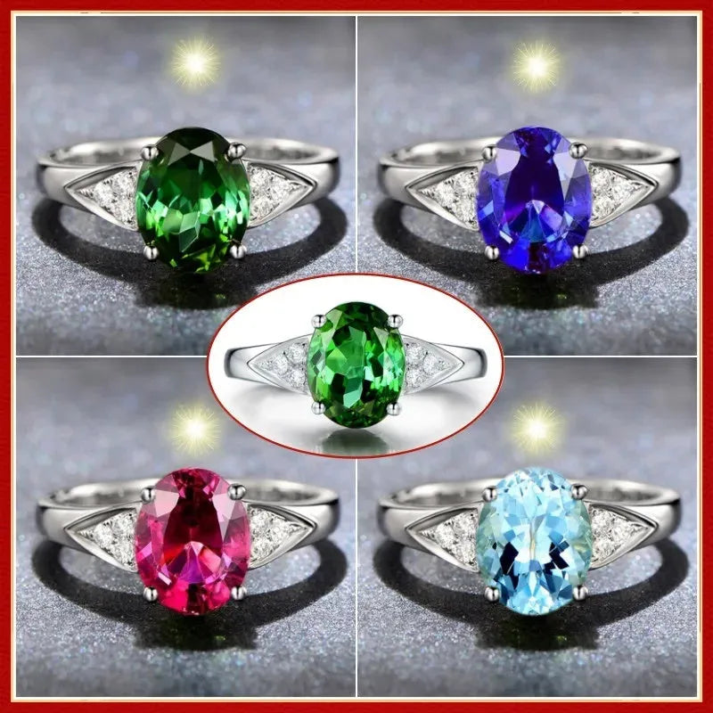 Women's court style ring with natural zircon inlay showing heart, water drop, or bell pattern options in blue, green, light blue, or red