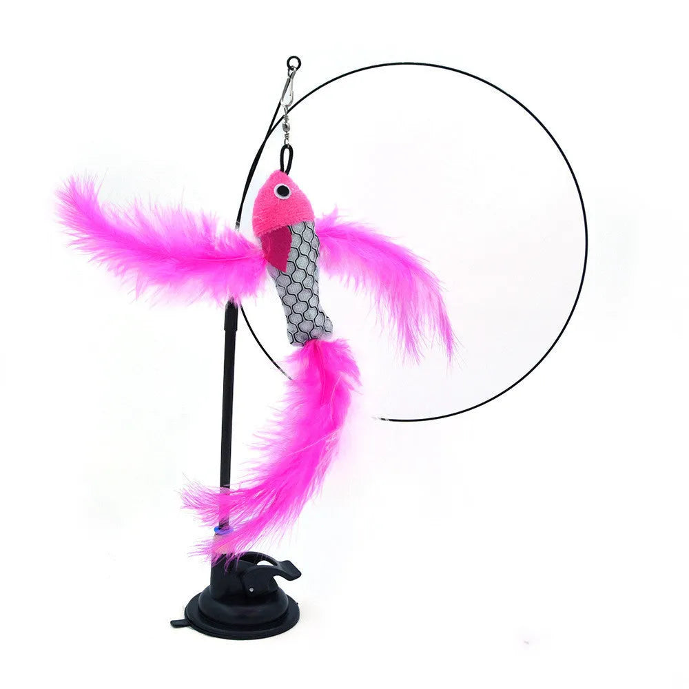Sucker cat teaser toy with PP body, steel wire wand and replaceable multi-head in blue flying fish, grey strip, grey mouse and green feather options