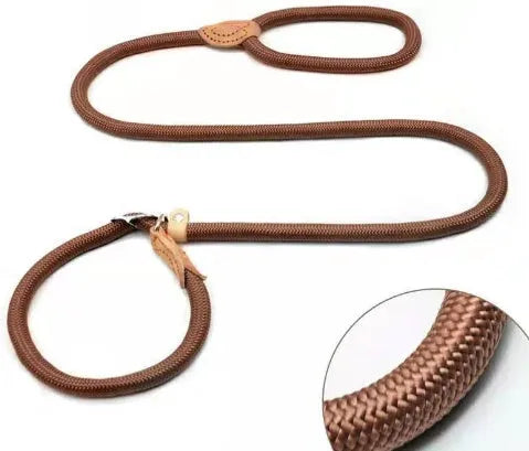 Brown nylon P chain dog leash with hand-holding rope, showing 2.1m length and adjustable chain mechanism