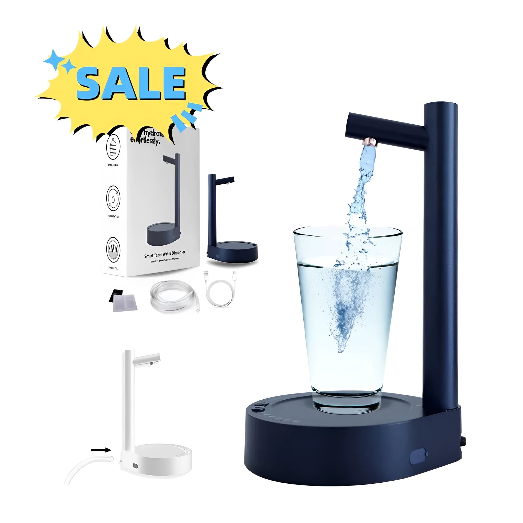 White electric water dispenser pump with USB charging cable next to gallon water bottle
