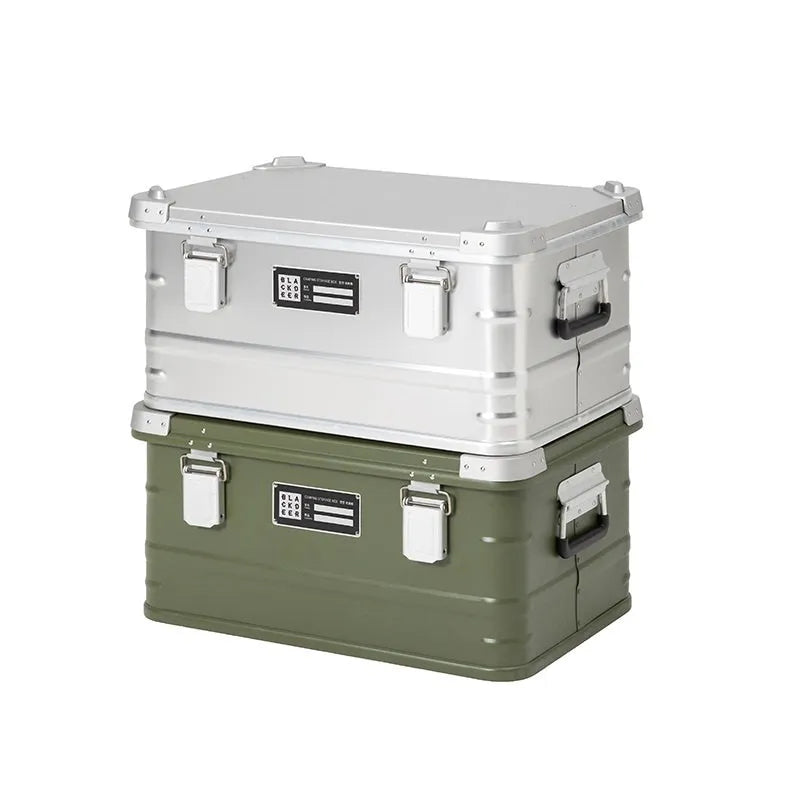 Field green aluminium alloy outdoor storage box with dimensions 58cm by 38cm by 28cm.