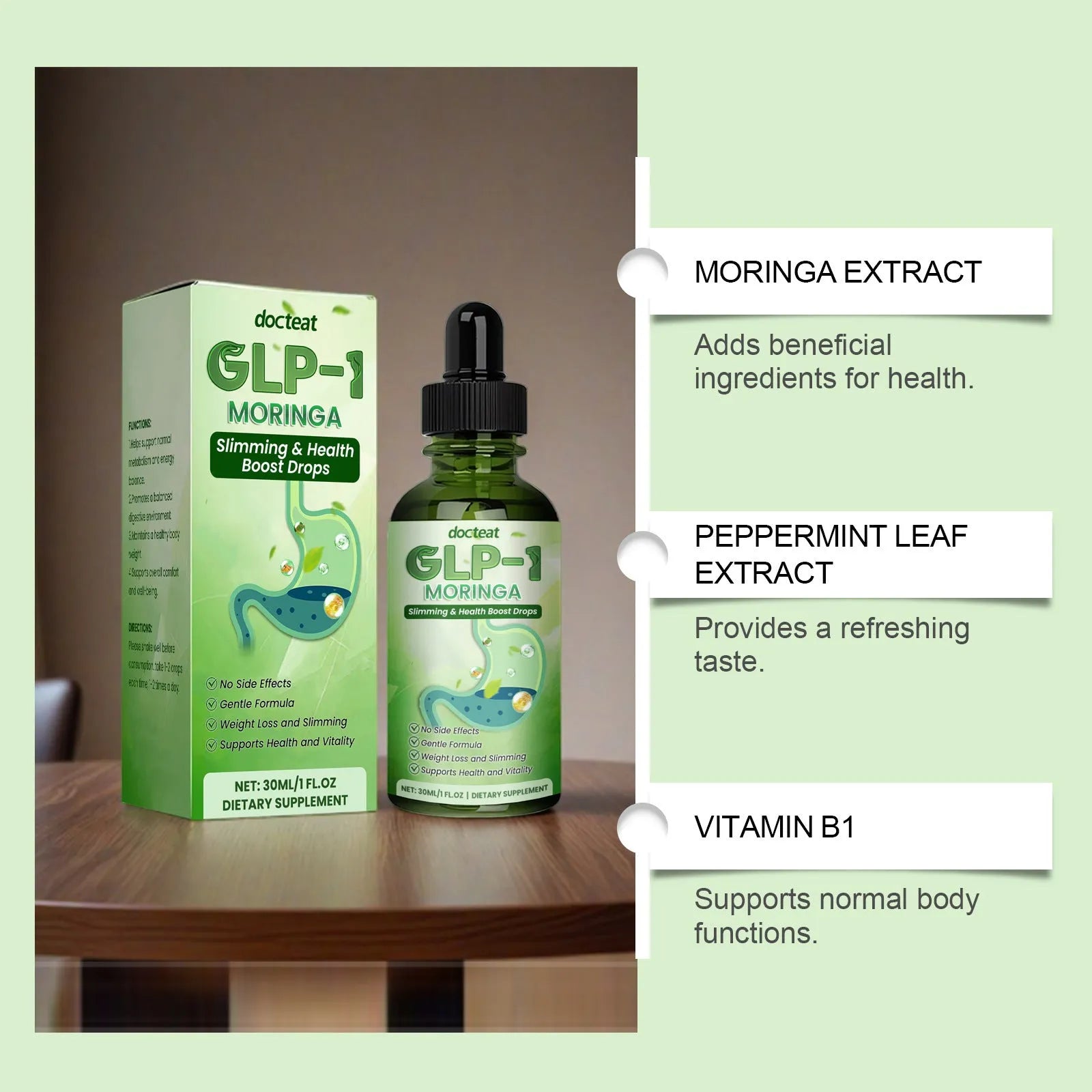 30ml glass dropper bottle of Vitamin B1 body supplement with traditional Chinese medicine extracts