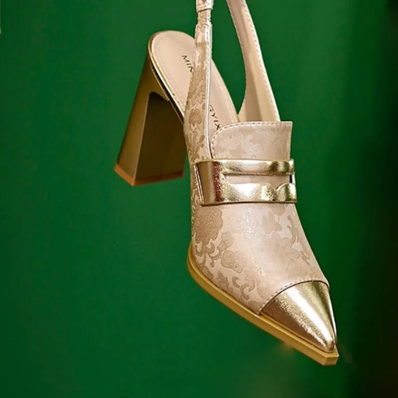 Korean style women's black strap sandals with chunky heel and pointed toe on a rubber sole.