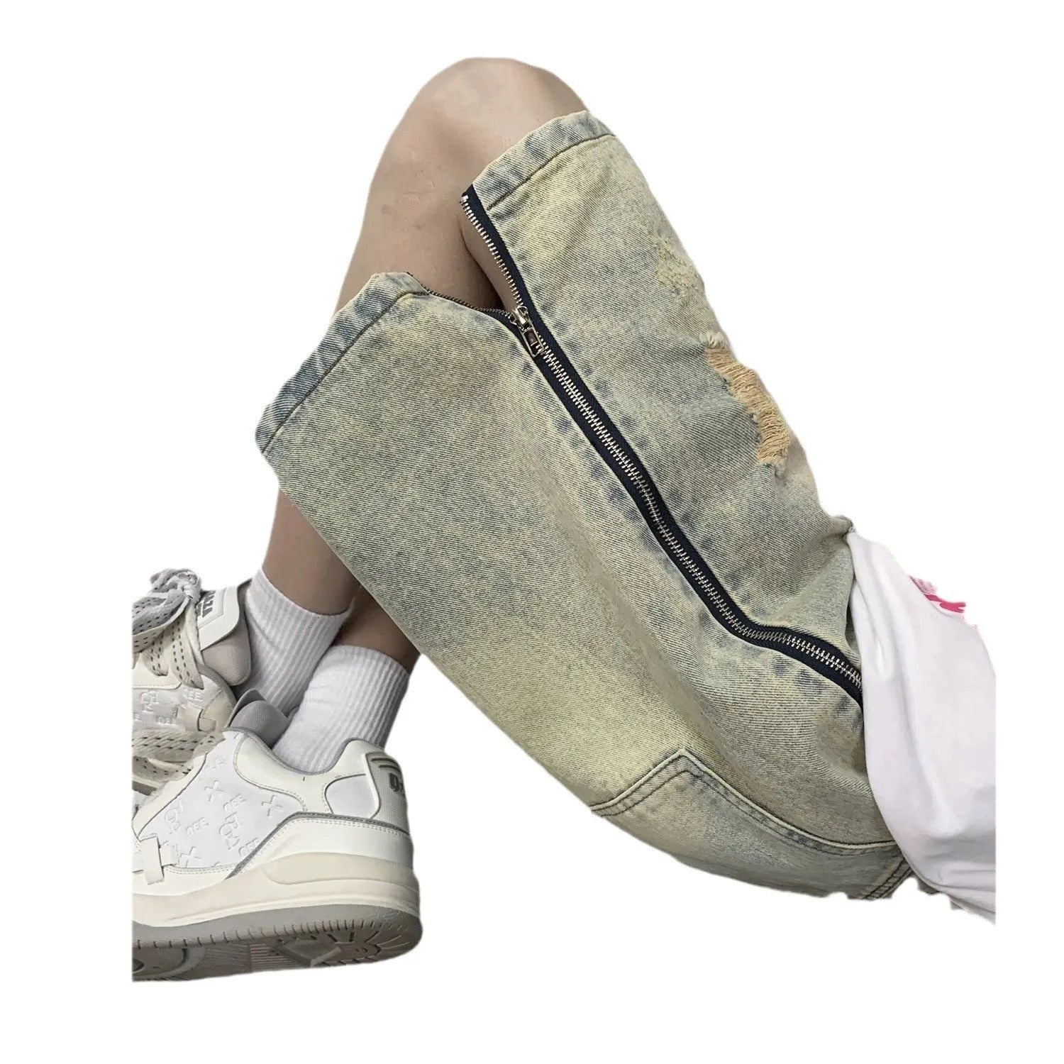 Retro blue men's ripped denim shorts with a loose fit and straight leg opening on a cardigan.