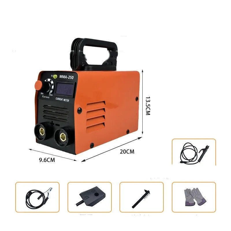 Portable MMA-250 style 110V welding machine with mask, hammer, gloves, and cables.