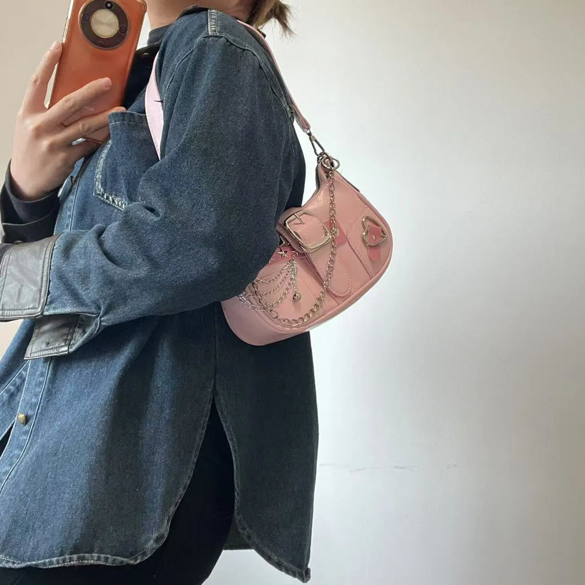 Women's soft PU underarm shoulder bag with chain, horizontal square shape, phone pocket, in pink, black or white.