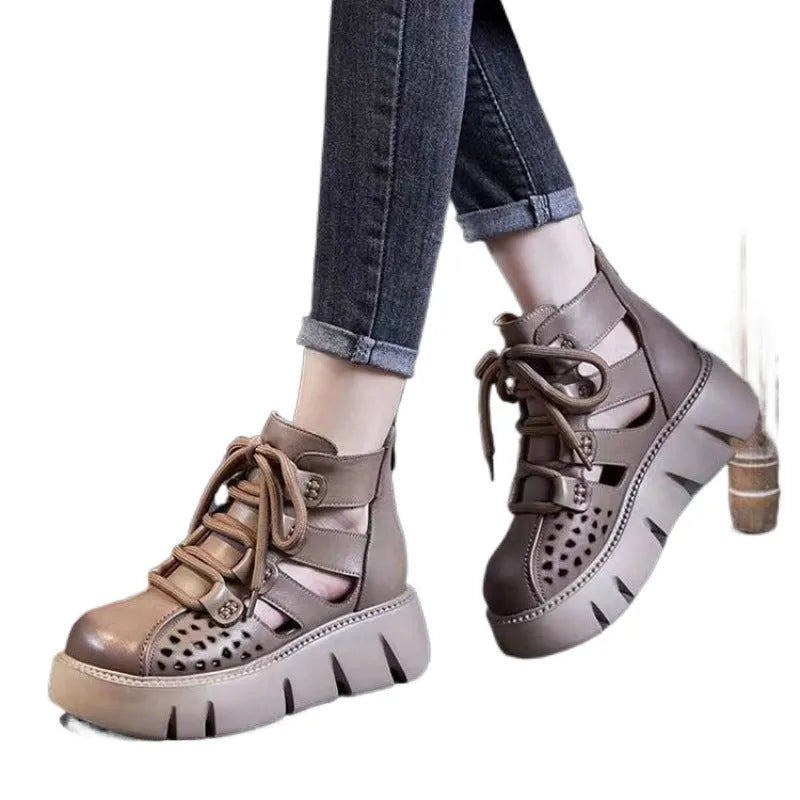 Women's black platform sandals with fish mouth toe and hollow hole design on plush upper