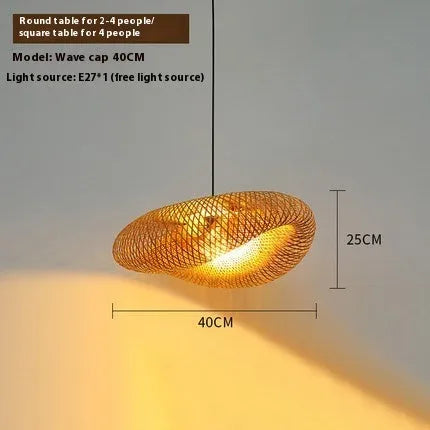 Bamboo hanging lamp with straw hat design showing woven natural bamboo construction and three size options