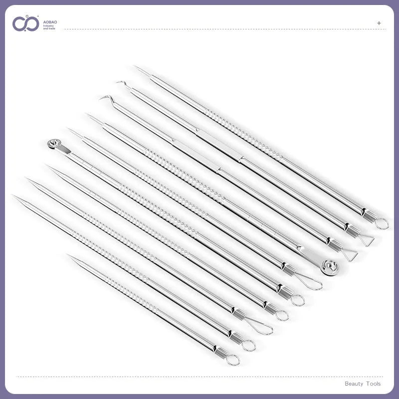 Four metal acne needles with different pointed and looped tips for blackhead removal.