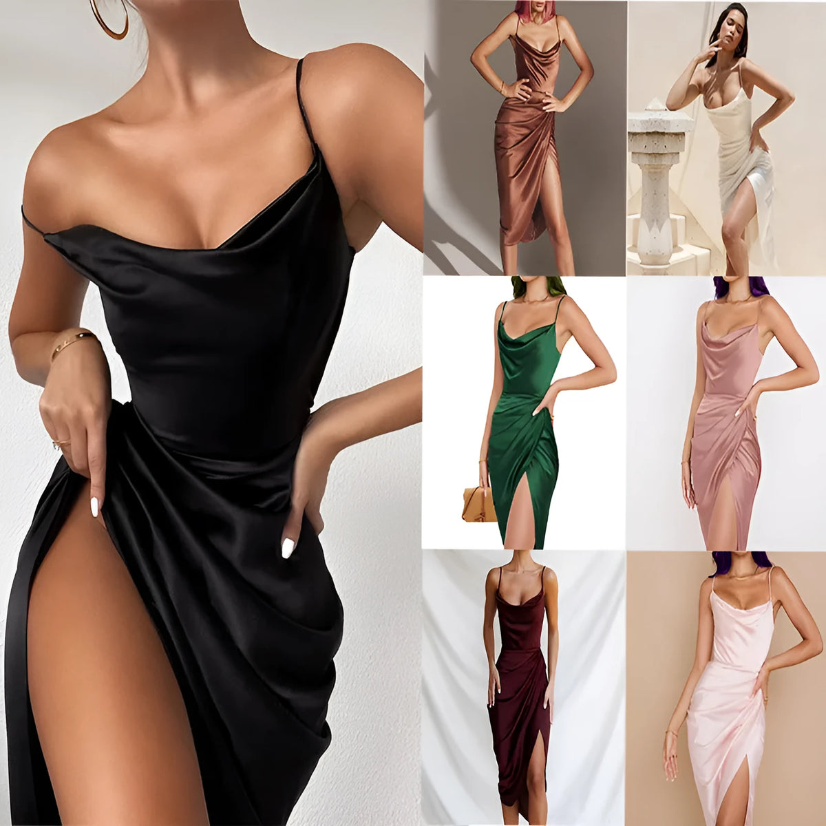 Satin high waist split skirt with side slit, shown in a solid colour.