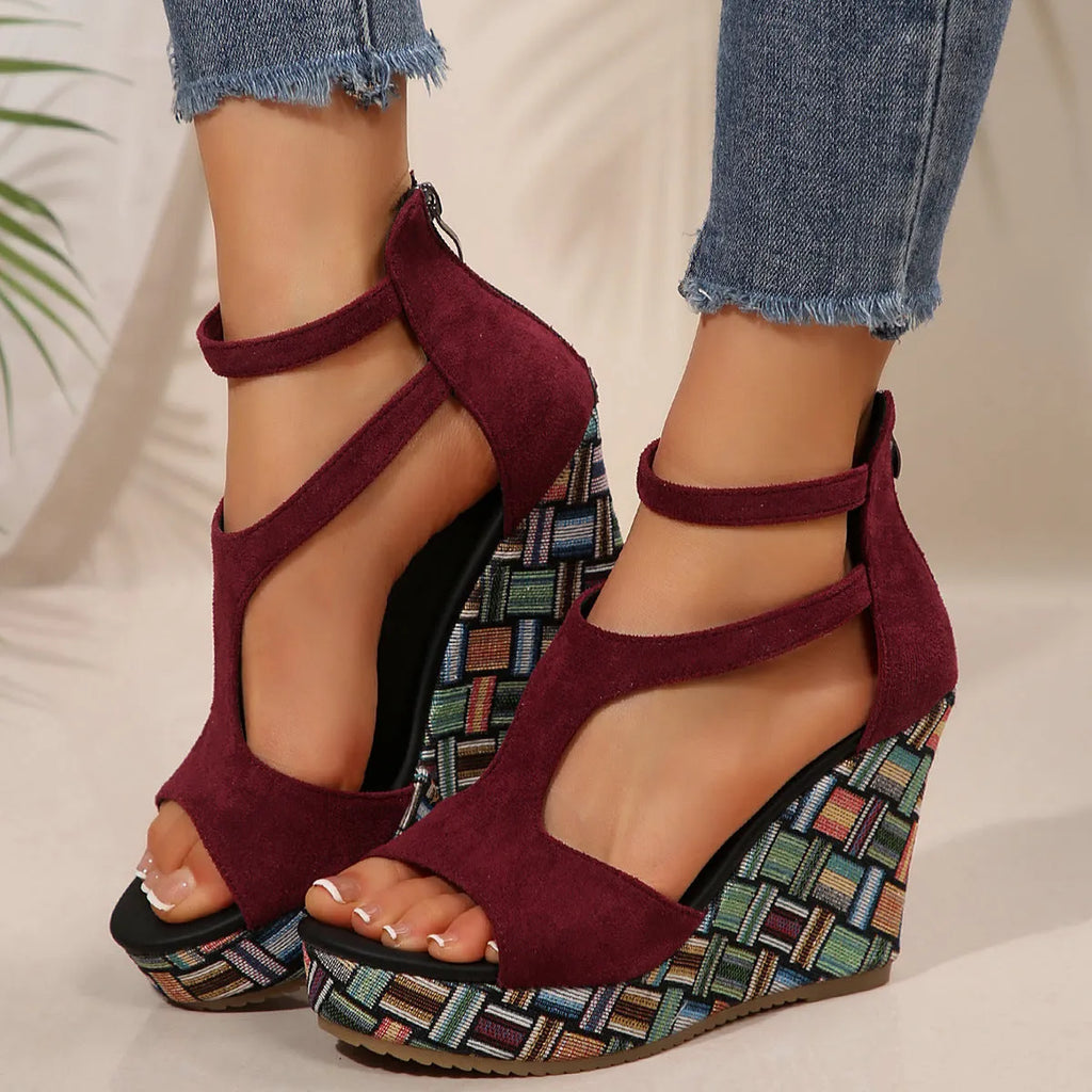 Women's thick-soled ankle-strap slope sandals with buckle closure and hemp-patterned rubber sole