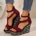 Women's thick-soled ankle-strap slope sandals with buckle closure and hemp-patterned rubber sole