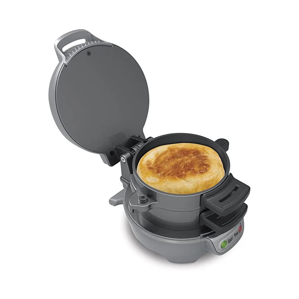 Household breakfast machine in bright red with sandwich maker and egg cooker ring, 22cm by 17.5cm size