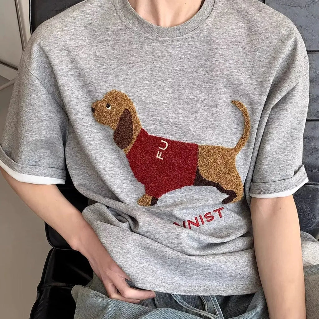 Sausage dog towel embroidery on a grey round neck short sleeve cotton T-shirt