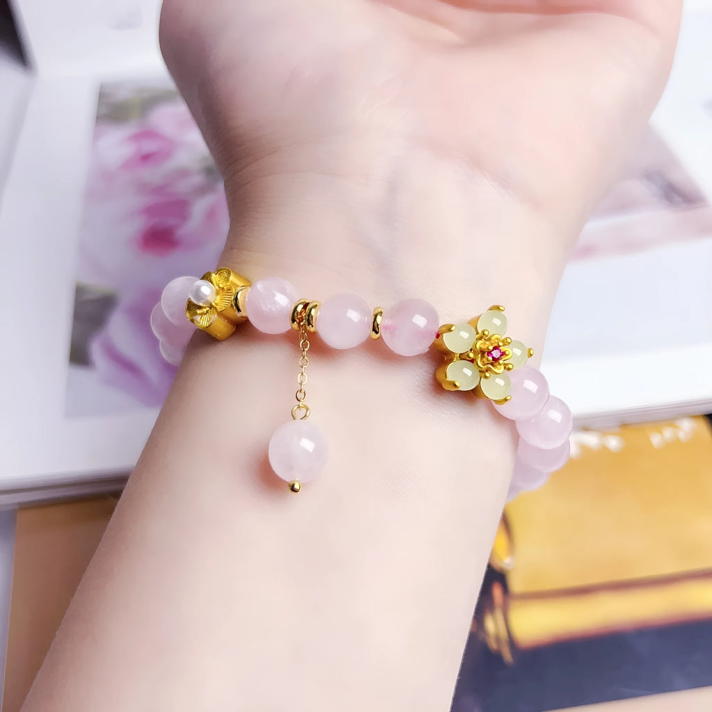 Pink Chinese crystal bracelet with peach blossom design for women's jewellery