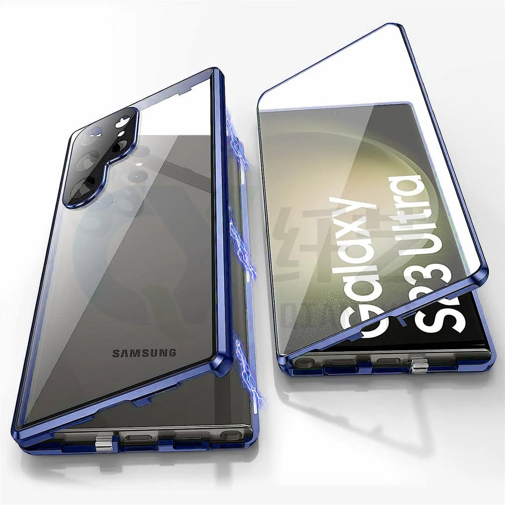 Samsung Galaxy S24 Ultra magnetic mirror phone case in black with peep-proof design and universal magnetic suction