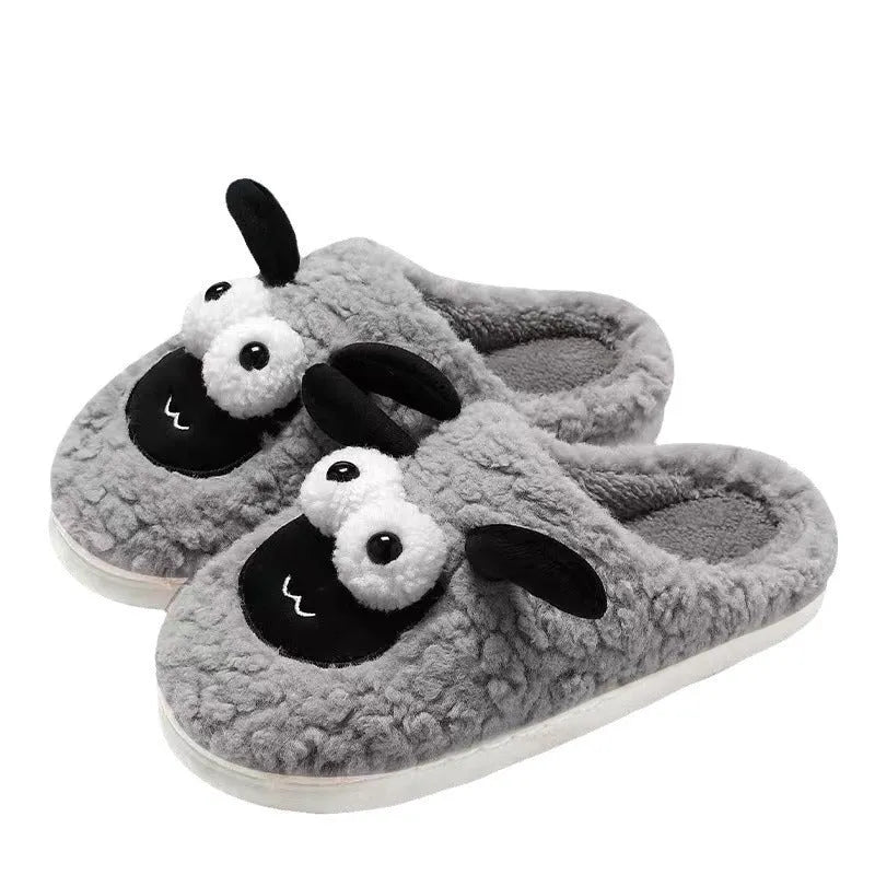 Slip-on slippers with suede upper and PVC sole in white, grey, or brown, showing sewn construction and UK sizes 36-45