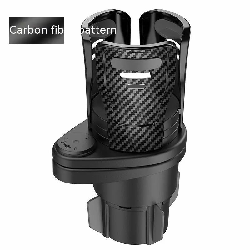 Second generation car cup holder modification with carbon fibre finish showing 8cm diameter ABS plastic construction