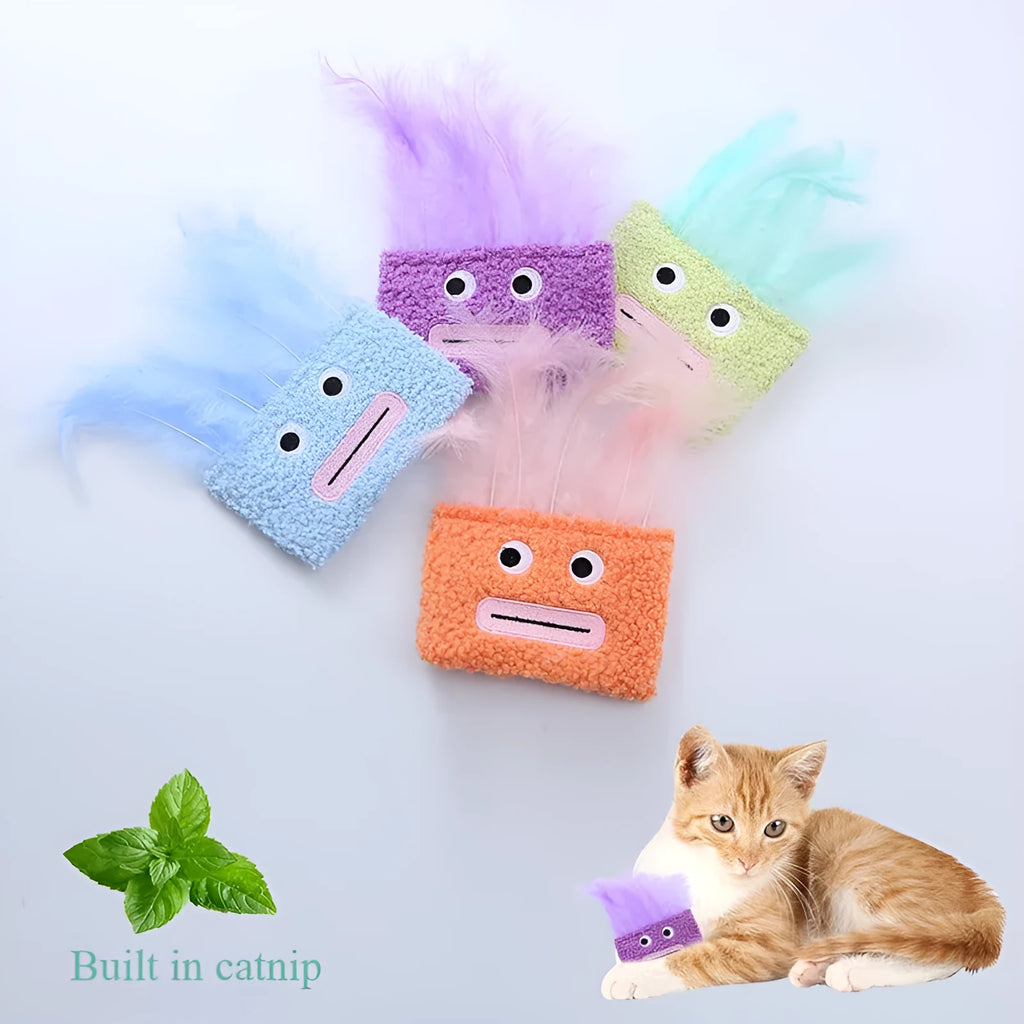 Colourful cat plush toy with a funny big mouth explosion head shape on a plain background.