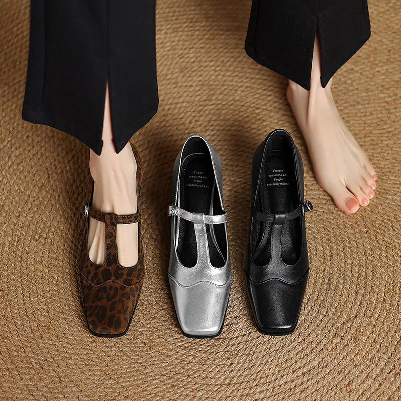 Chunky heel pumps with square toe, 3-5cm mid heel, available in black, silver, and leopard print, sizes 34-40