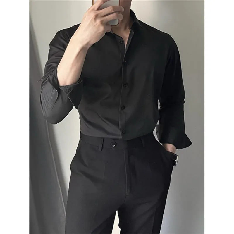 Men's slim fit Korean-style cardigan shirt in solid colour, available in dark grey, black, or white.
