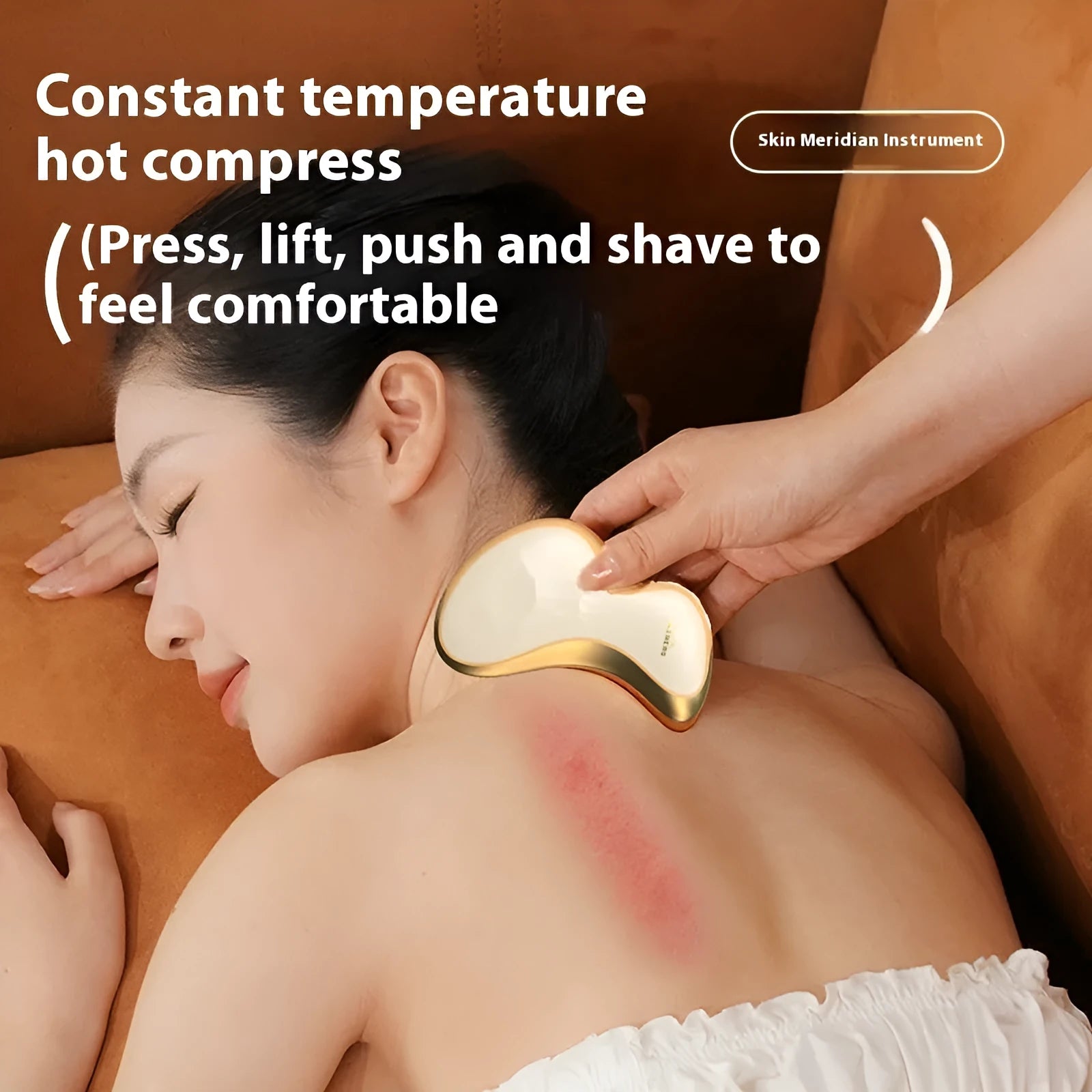 Golden yellow electric Gua Sha scraping plate with USB charging port.